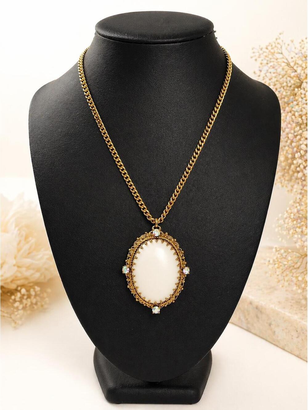 Vintage West Germany Pendant Necklace, Milk Glass Cabochon, Rhinestone Accents
